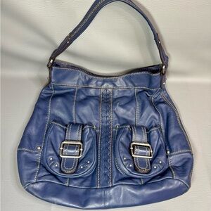Tignanello Blue Leather Silver Hardware Magnetic Closure Satchel Tote Purse